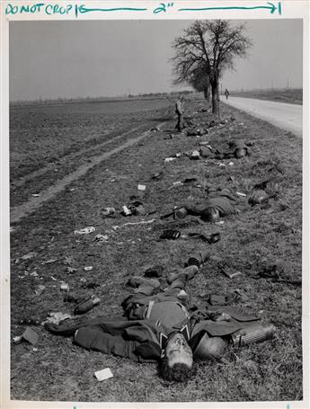 (WORLD WAR II) A group of approximately 90 press photographs of battles in the Pacific Theatre, atoricites in Europe, and the explosion